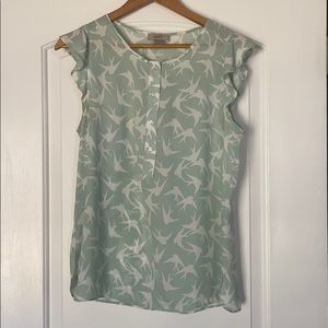 Bird Pattern Ruffled Shoulder Shell Top